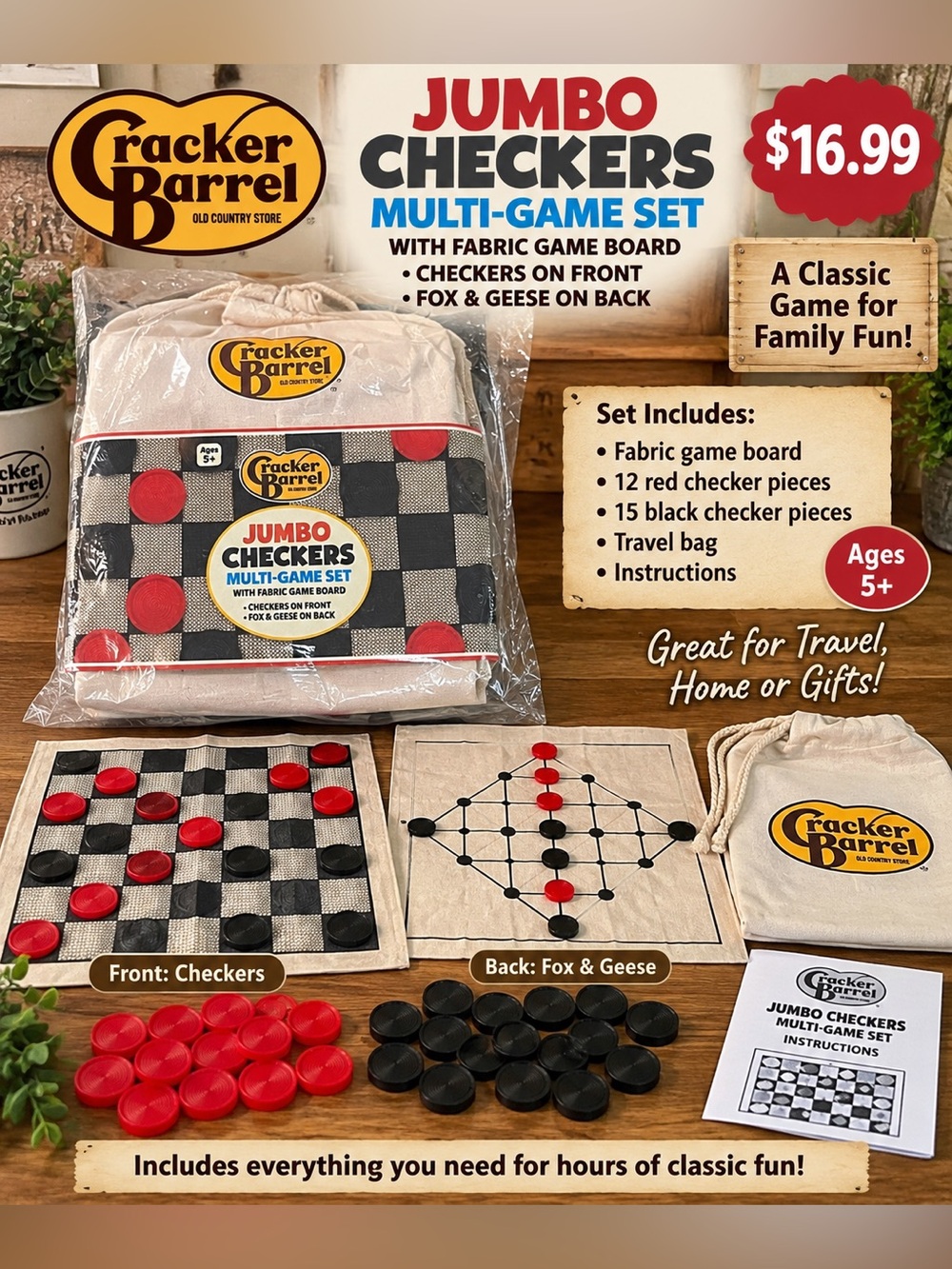 Cracker Barrel Fabric Game Set with Red and Black Checkers